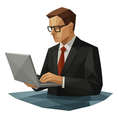 Businessman in black suit and glasses stands waist-deep with computer sticker