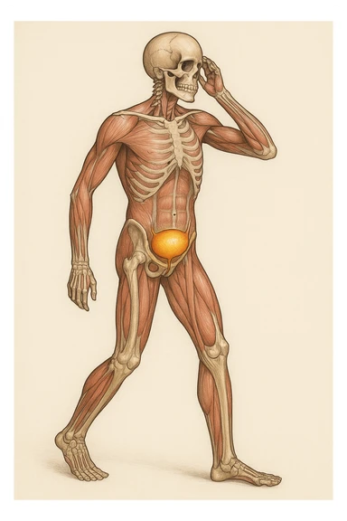 CORPO UMANO ANATOMICO CHE SI SVEGLIA LA NOTTE PER SVUOTARE LA VESCICA, VESCICA ANATOMICA IN EVIDENZA, SFONDO CHIARO NEUTRO sticker