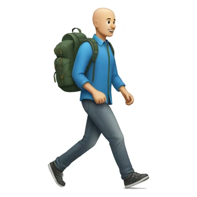 a bald man walking with a backpack sticker