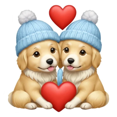 2 English cream golden retrievers cuddling with winter hats and heart in between them. Make them pale dogs . Less cartoon and no hands holding heart just a heart in between . Make them more pale and realistic looking like glossy  sticker