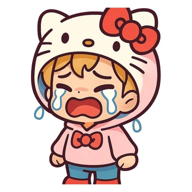 a chibi boy in a Hello Kitty hoodie, crying, adorable, pastel colors, vibrant toon style sticker
