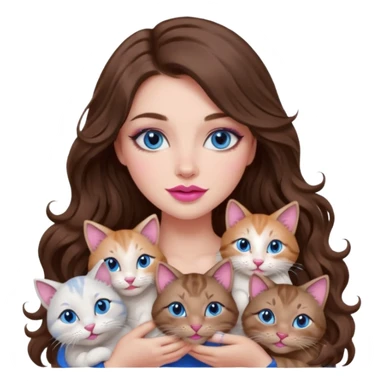 girl with long wavy brown hair, blue eyes, long lashes makeup, sexy pink lips, cuddling with 6 cats sticker