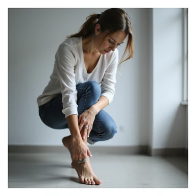 woman standing touching knee and foot, expression of pain, visible orthotic insole, realistic style, medical environment sticker