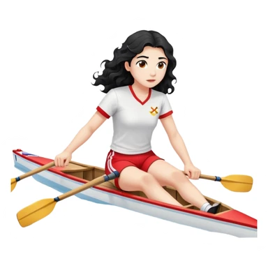 girl with long black wavy hair, white skin, wearing red shorts and white short-sleeve t-shirt, sitting in a professional Olympic rowing boat rowing, facing fully right sticker