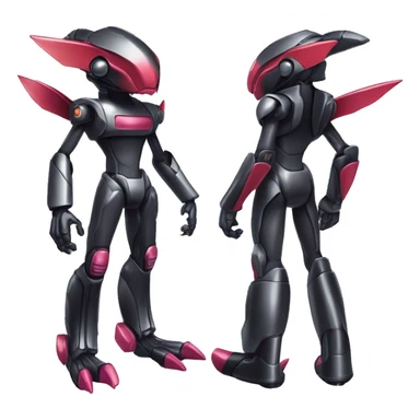 a shiny metallic black Genesect-Flygon-Raptor-Fakémon-Medabot-hybrid with a futuristic visor-helmet full body sticker