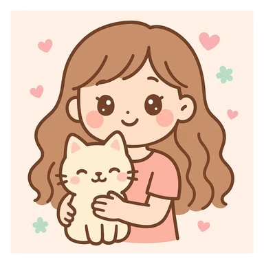 a girl with long wavy brown hair and brown eyes holding a cat, friendly and appealing style sticker