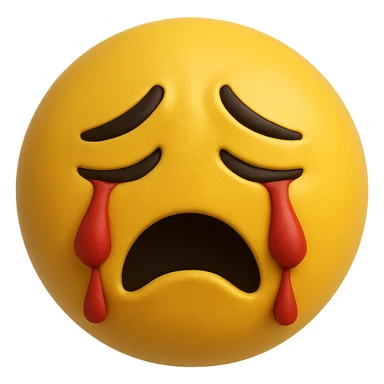 yellow crying face emoji, matte finish, red tears, no background sticker