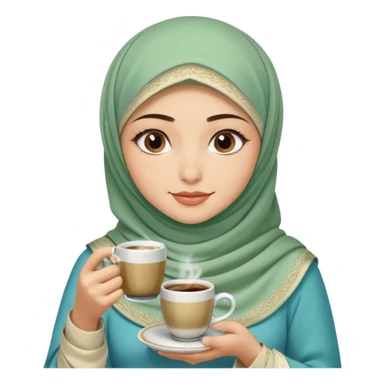 Turkish beautiful finish Konya girl blue with beige and butterfly light green hijab islamic dress and had on her hand Turkish coffee sticker