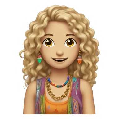 Caucasian hippie girl with curly dirty blonde hair, hazel eyes, baggy colorful pants and a tank top, lots of bohemian bracelets and jewelry sticker