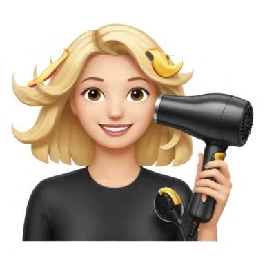 mujer sonriente en la peluquería secándose el cabello con secador, detalles de salón de belleza, estilo emoji apple sticker