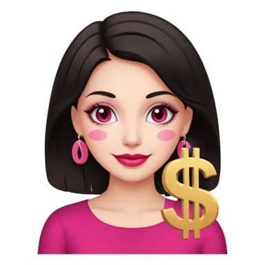 fair-skinned woman with dark hair, dollar sign ($) eyes, smiling, pink brush sticker