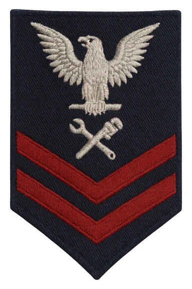 U.S. Navy Petty Officer Second Class (E-5) sleeve insignia, realistic style, silver eagle perched above two red chevrons with a specialty mark in between, no background, transparent sticker