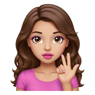 girl with long wavy brown hair, brown eyes, light to medium complexion, in a pink sexy top, pink puckered lips, long lashes, whatever with the hand out sticker