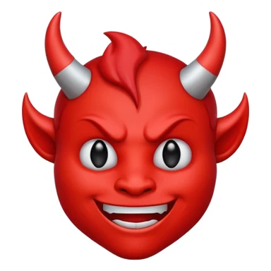 CARTOON STYLE EMOJI of a RED DEVIL FACE with small HORNS pointing up, BLACK EYES, and a MISCHIEVOUS SMILE. The entire face is RED with a smooth glossy texture. BACKGROUND is PURE WHITE, clean and simple. sticker