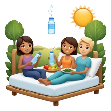 A person in the sun, with a plate of whole foods, water bottle, and glowing bed behind them. Nearby, smiling friends gather—symbolizing balance, healing, and connection through simple daily rituals. sticker