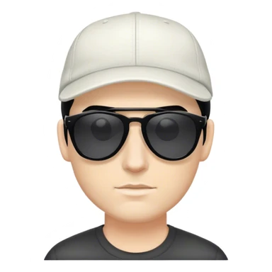 Homem branco, cabelos pretos, olhos escuros, usando óculos de sol e boné sticker