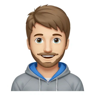 25 year old man, short scruffy beard and thin moustache, brown puffy mullet, blue eyes, big smile, white teeth, big lips, pronounced jaw, hair longer in back, sticking up on top, thin face, grey hooded sweatshirt sticker