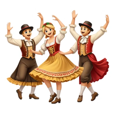 Cinematic Realistic Schuhplattler Dance Emoji, depicted as a lively traditional folk dance scene with performers in authentic Bavarian costumes, rendered with dynamic textures and festive natural lighting that captures the spirit of rural celebration. sticker