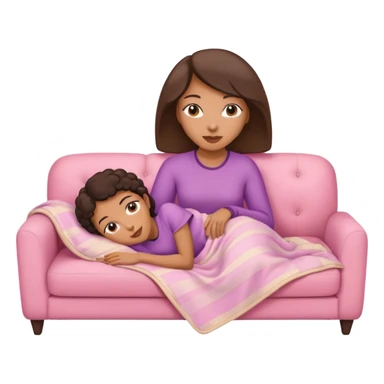 Mixed-race woman with caramel skin, slim thick, lying on a beige sofa with a pastel pink blanket sticker