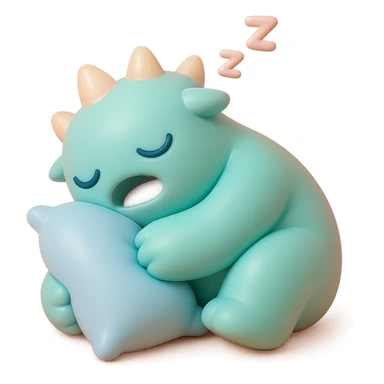 monster curled up with a pillow, snoring, gentle pastel palette, no background, vinyl figure style sticker