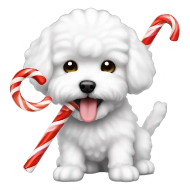 bichon frese dog eating a candy cane sticker