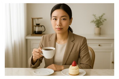 A sophisticated and premium atmosphere portrait of an Asian woman aged 25-35, visible from the upper body, enjoying drip coffee and dessert. She is a premium home cafe enthusiast with a professional and quality-focused expression. The background is clean and bright. The style should reflect a refined, elegant, and high-quality home cafe scene. sticker