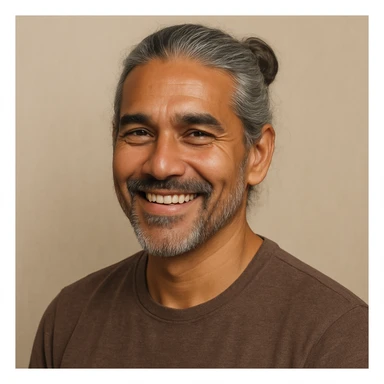 brown tanned man over 40 with long grey hair in a bun, smiling, head and shoulders, plain background sticker