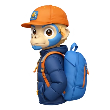 monkey with extremely angry face, in dark blue puffer jacket, holding blue origami dinosaur roller backpack, orange cap with Jurassic Park logo, Android emoji style sticker