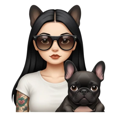 girl with long black  straight hair and tattoos and Wearing sunglasses and a black French bulldog sticker