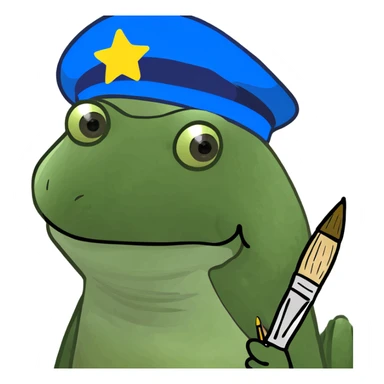 Make the baby oil bottle look like an artist with a beret and paintbrush, in the green bufo frog meme style, no background. sticker