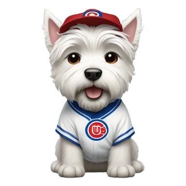 West highland terrier wearing a Cub’s jersey sticker