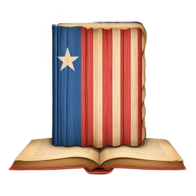 Ancient book with Puerto Rican flag subtly integrated on cover, carved wooden theater curtains symbol, warm vintage textures, soft glow representing timelessness and theatrical design heritage sticker