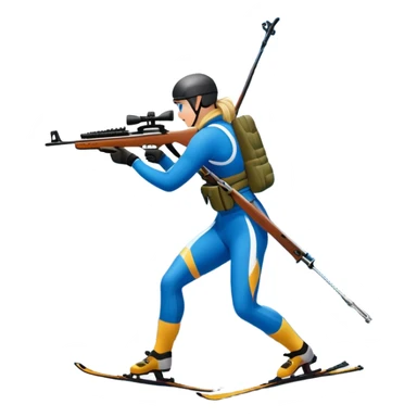An icon featuring snow-covered trees, distant mountains, and a clear blue sky with a biathlete in motion, holding a rifle and skiing across a snowy course. Transparent background highlights the precision, endurance, and excitement of biathlon. sticker