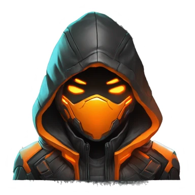  developer behind his laptop with this style : crysis Cyberpunk Valorant orange glowing bright orange character orange black hooded assassin themed character sticker