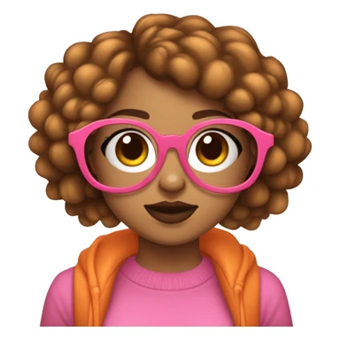 Chica joven con pelo corto de color castaño, con gafas redondas con borde dorado. Pecas en las mejillas y labios gorditos color rosa. Tiene un perro color negro y naranja sticker