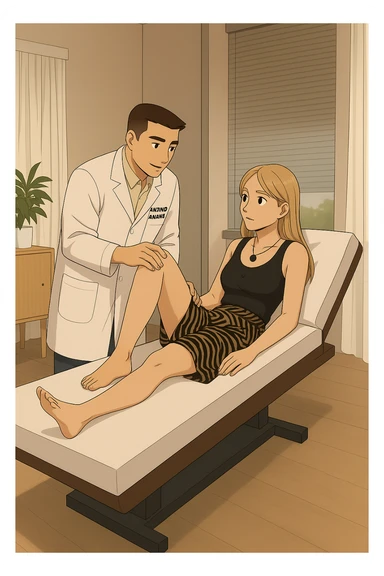 fai un webtoon/manga a colori con questo kinesiologo in camice bianco (fagli la scritta "ANTONIO ANANIA" SUL CAMICE) CHE SVOLGE UN TEST NEUROMUSCOLARE SOLLEVANDO UNA GAMBA ALLA RAGAZZA CHE è STESA SU UN LETTINO BIANCO. STANZA SEMPLICE E MODERNA, DURANTE IL TEST I DUE DIALOGANO TRA LORO. NON FARE I FUMETTI, FAI SOLO LORO COME SE DIALOGASSERO sticker