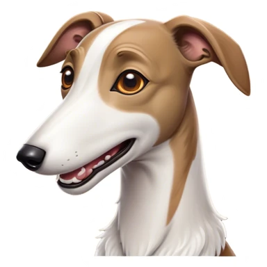 Cinematic Comical White and Brown Greyhound Portrait Emoji, Head tilted dramatically with an exaggeratedly amused expression, featuring a striking white Fur with dynamic brown accents, wide, expressive eyes filled with playful disbelief, Simplified yet hilariously expressive features, highly detailed, glowing with a slightly sassy glow, high shine, dramatic yet playful, stylized with an air of cheeky mischief, bright and endearing, soft glowing outline, capturing the essence of a spirited and over-the-top racer, so meme-worthy it feels like it could side-eye its way into internet fame instantly! sticker