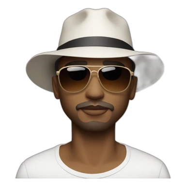 The french singer Lorenzo with this style : medium long brown hair white and short bucket hat and sunglasses sticker