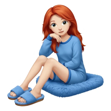 young woman with long red hear wearing comfy lounging outfit, wearing blue fuzzy slippers sticker