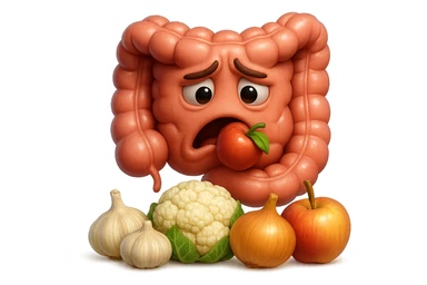 EMOJI STILE IPHONE DI UN INTESTINO UMANO IN CRISI PERCHé STA MALE, IN BOCCA HA UNA MELA E DAVANTI A LUI C'è UNA MONTAGNA DI aglio, cipolle, cavolfiore e mele, IPERREALISTICO 4K sticker