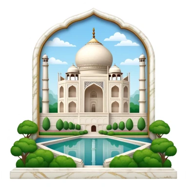 Cinematic Realistic Taj Mahal Landmark Emoji, depicted as the iconic marble mausoleum set amidst lush gardens rendered with intricate detail and ethereal, soft lighting. sticker