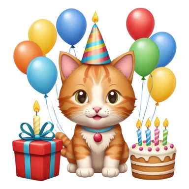 Ginger tabby kitten celebrates birthday, birthday hat, birthday cake, one candle, balloons, happy, gifts sticker