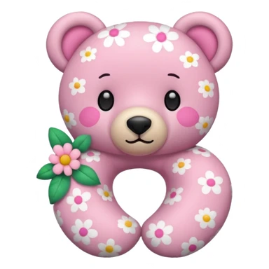 pink teddy bear wearing a flower-patterned neck pillow, iPhone emoji style, cute and simple sticker