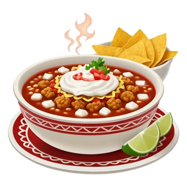a hot bowl of pozole with a side of tostada with sour cream and red salsa sticker