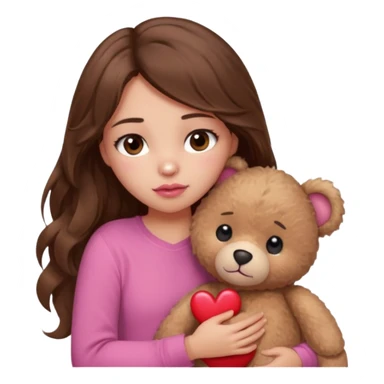 girl with long wavy brown hair, brown eyes, light to medium complexion, in a pink shirt, pink lips, long lashes, sad, hugging a teddy bear with a  heart sticker