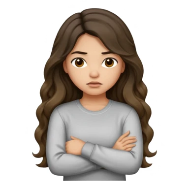 Hispanic light tan girl with long dark wavy hair with arms folded while pouting. Wearing a long sleeve. Hair with middle part. sticker