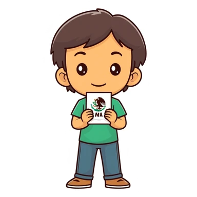 Brunette big nose Mexican boy holding a muha med sticker