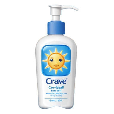 White CeraVe bottle with blue label and yellow “AM” badge, topped with a pump. Surrounded by radiant sun sparkles, soft UV-deflecting light rings, and a blue protective glow. Feels like a daytime skin shield potion in a sleek, glossy bottle. sticker