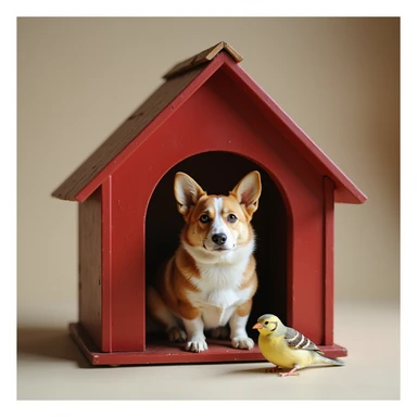 realistic red dog house with a Corgi dog inside, Corgi with a bird, photorealistic style sticker