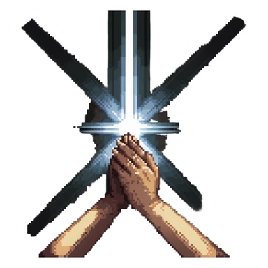 hands clasped in prayer with light rays sticker